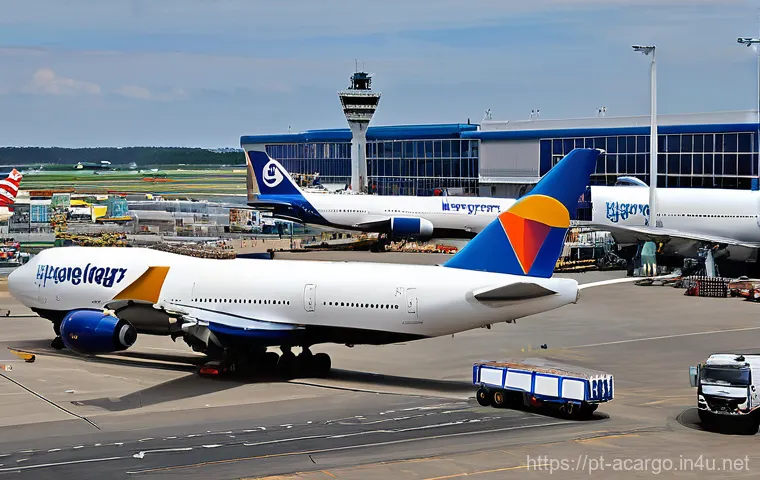 항공화물 학습에 유용한 교재 - **Prompt 1: Dynamic Air Cargo Loading Operation**
    "A bustling, highly organized scene at a moder...