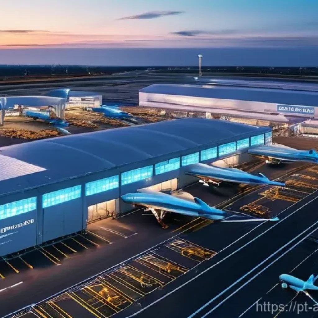항공화물 프로세스 최적화 사례 - A panoramic view of a hyper-modern, automated air cargo terminal at dusk. The scene is bustling with...