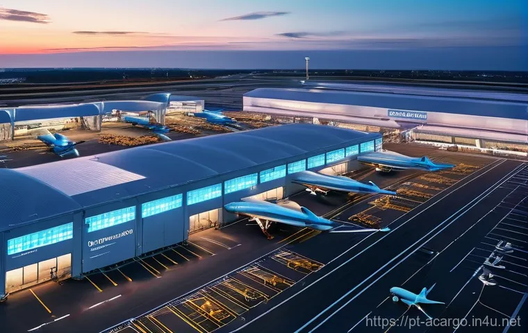 항공화물 프로세스 최적화 사례 - A panoramic view of a hyper-modern, automated air cargo terminal at dusk. The scene is bustling with...