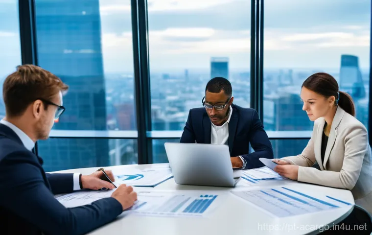 항공화물 보험 처리 실무 - **Prompt:** A diverse team of five professional logistics and insurance experts, dressed in smart bu...