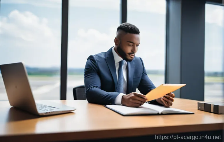 항공화물 업무에 필요한 소프트 스킬 - **Prompt:** A collaborative and transparent scene within a bustling air logistics hub. A male cargo ...