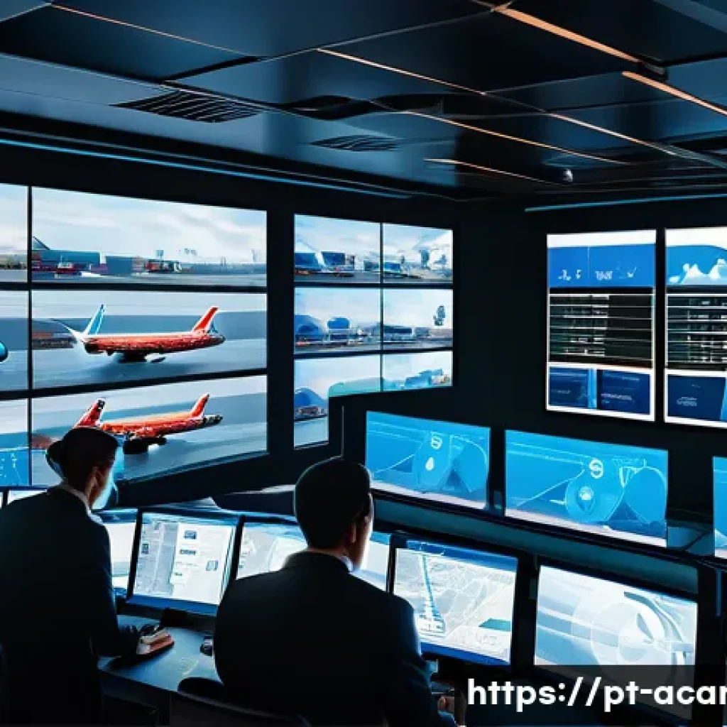 항공화물 프로세스에서의 IoT 활용 - A high-tech air cargo logistics center with multiple smart sensors visibly attached to various shipp...