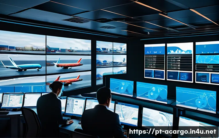 항공화물 프로세스에서의 IoT 활용 - A high-tech air cargo logistics center with multiple smart sensors visibly attached to various shipp...