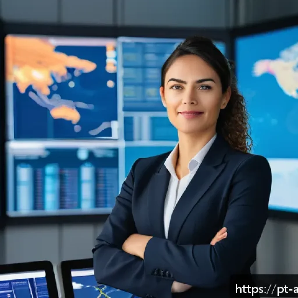 항공화물 산업에서의 여성 전문가 역할 - A confident female logistics leader in an airport cargo control room, wearing professional business ...