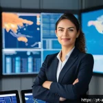 항공화물 산업에서의 여성 전문가 역할 - A confident female logistics leader in an airport cargo control room, wearing professional business ...