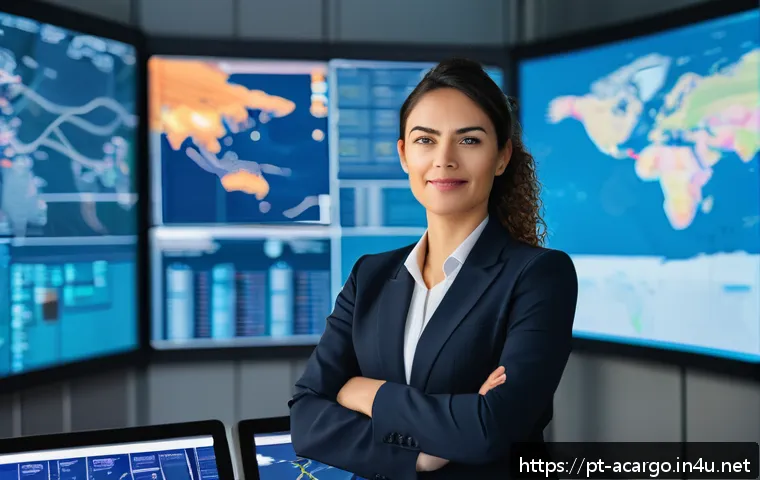 항공화물 산업에서의 여성 전문가 역할 - A confident female logistics leader in an airport cargo control room, wearing professional business ...