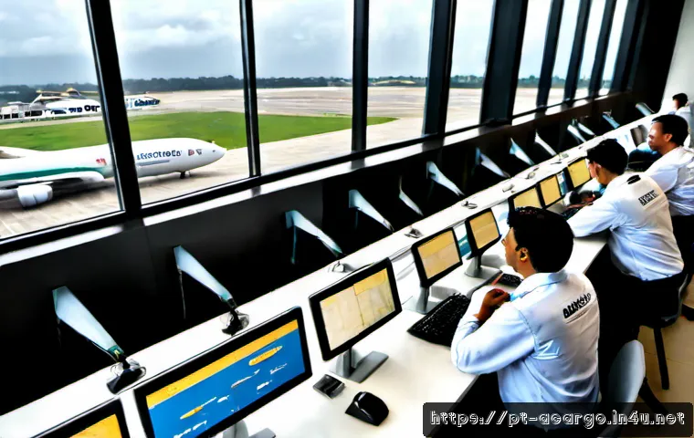 항공화물 포워딩 회사에서의 근무 환경 - Photorealistic air cargo forwarding office in São Paulo, Brazil, wide-angle documentary composition:...